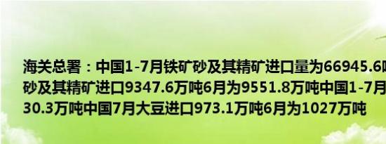 海关总署：中国1-7月铁矿砂及其精矿进口量为66945.6吨中国7月铁矿砂及其精矿进口9347.6万吨6月为9551.8万吨中国1-7月大豆进口为6230.3万吨中国7月大豆进口973.1万吨6月为1027万吨