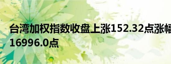 台湾加权指数收盘上涨152.32点涨幅0.9%报16996.0点