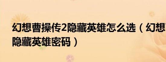 幻想曹操传2隐藏英雄怎么选（幻想曹操传2隐藏英雄密码）