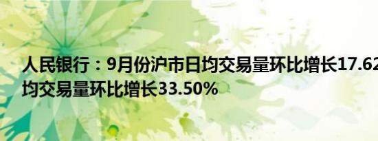 人民银行：9月份沪市日均交易量环比增长17.62% 深市日均交易量环比增长33.50%