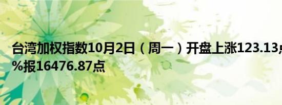 台湾加权指数10月2日（周一）开盘上涨123.13点涨幅0.75%报16476.87点