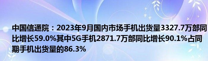 中国信通院：2023年9月国内市场手机出货量3327.7万部同比增长59.0%其中5G手机2871.7万部同比增长90.1%占同期手机出货量的86.3%
