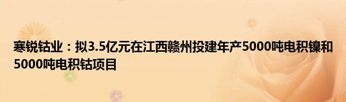 寒锐钴业：拟3.5亿元在江西赣州投建年产5000吨电积镍和5000吨电积钴项目