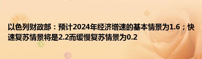 以色列财政部：预计2024年经济增速的基本情景为1.6；快速复苏情景将是2.2而缓慢复苏情景为0.2