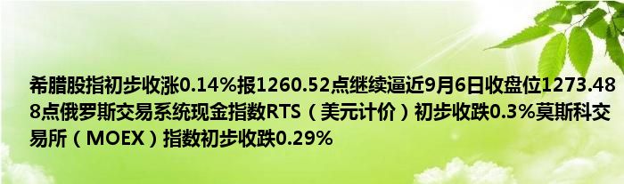 希腊股指初步收涨0.14%报1260.52点继续逼近9月6日收盘位1273.488点俄罗斯交易系统现金指数RTS（美元计价）初步收跌0.3%莫斯科交易所（MOE