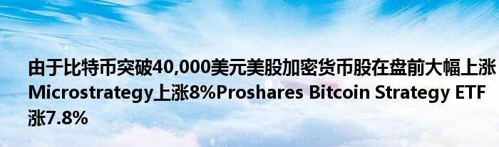 由于比特币突破40,000美元美股加密货币股在盘前大幅上涨Microstrategy上涨8%Proshares Bitcoin Strategy ETF涨7.8
