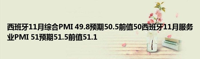 西班牙11月综合PMI 49.8预期50.5前值50西班牙11月服务业PMI 51预期51.5前值51.1