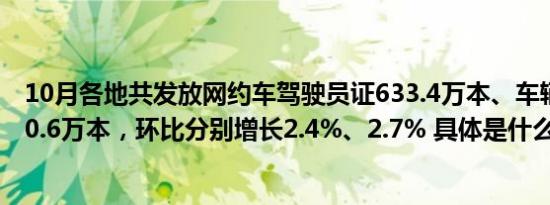 10月各地共发放网约车驾驶员证633.4万本、车辆运输证270.6万本，环比分别增长2.4%、2.7% 具体是什么情况呢