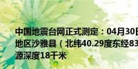 中国地震台网正式测定：04月30日10时23分在新疆阿克苏地区沙雅县（北纬40.29度东经83.96度）发生3.1级地震震源深度18千米