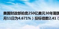 美国财政部拍卖250亿美元30年期国债得标利率4.635%（4月11日为4.671%）投标倍数2.41（前次为2.37）