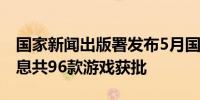 国家新闻出版署发布5月国产网络游戏审批信息共96款游戏获批