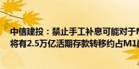 中信建投：禁止手工补息可能对于M1的影响更为明显预计将有2.5万亿活期存款转移约占M1的2%