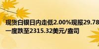 现货白银日内走低2.00%现报29.78美元/盎司现货黄金最低一度跌至2315.32美元/盎司