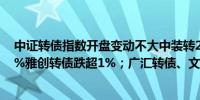 中证转债指数开盘变动不大中装转2跌超5%山鹰转债跌超3%雅创转债跌超1%；广汇转债、文科转债涨超4%