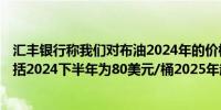 汇丰银行称我们对布油2024年的价格假设仍为82美元/桶包括2024下半年为80美元/桶2025年起降至76.5美元/桶