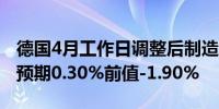 德国4月工作日调整后制造业订单年率 -1.6%预期0.30%前值-1.90%