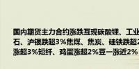 国内期货主力合约涨跌互现碳酸锂、工业硅、纯碱跌超5%玻璃、铁矿石、沪银跌超3%焦煤、焦炭、硅铁跌超2%涨幅方面集运指数（欧线）涨超3%短纤、鸡蛋涨超2%豆一涨近2%