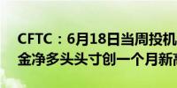 CFTC：6月18日当周投机者所持COMEX黄金净多头头寸创一个月新高