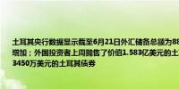 土耳其央行数据显示截至6月21日外汇储备总额为885亿美元比上周的884.3亿美元略有增加；外国投资者上周抛售了价值1.583亿美元的土耳其股票外国投资者上周购买了价值3450万美元的土耳其债券