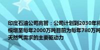 印度石油公司高管：公司计划到2030年将液化天然气（LNG）投资规模增至每年2000万吨目前为每年780万吨预计电力行业将成为印度液化天然气需求的主要驱动力