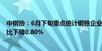 中钢协：6月下旬重点统计钢铁企业粗钢日产216.76万吨环比下降0.80%