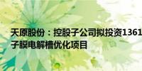 天原股份：控股子公司拟投资13610.29万元建设氯碱厂离子膜电解槽优化项目