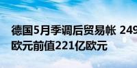 德国5月季调后贸易帐 249亿欧元预期211亿欧元前值221亿欧元
