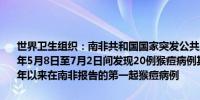 世界卫生组织：南非共和国国家突发公共卫生事件应对中心通报2024年5月8日至7月2日间发现20例猴痘病例其中包括三例死亡这是自2022年以来在南非报告的第一起猴痘病例