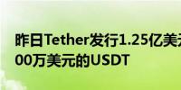 昨日Tether发行1.25亿美元的USDT 赎回5500万美元的USDT