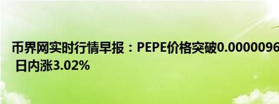 币界网实时行情早报：PEPE价格突破0.000009621美元/枚 日内涨3.02%