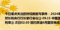 今日重点关注的财经数据与事件：2024年07月22日 周一① 待定 G20财长和央行行长举行会议② 09:15 中国至7月22日一年期贷款市场报价利率③ 次日02:30 纽约原油8月期货完成场内最后交易
