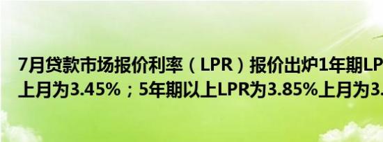 7月贷款市场报价利率（LPR）报价出炉1年期LPR为3.35%上月为3.45%；5年期以上LPR为3.85%上月为3.95%