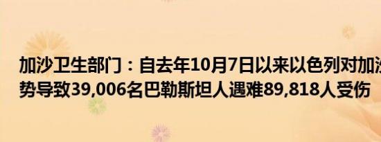 加沙卫生部门：自去年10月7日以来以色列对加沙的军事攻势导致39,006名巴勒斯坦人遇难89,818人受伤