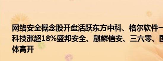 网络安全概念股开盘活跃东方中科、格尔软件一字涨停佳缘科技涨超18%盛邦安全、麒麟信安、三六零、国华网安等集体高开