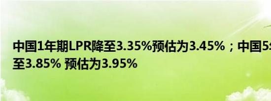 中国1年期LPR降至3.35%预估为3.45%；中国5年期LPR降至3.85% 预估为3.95%