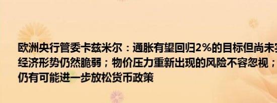 欧洲央行管委卡兹米尔：通胀有望回归2%的目标但尚未实现；欧元区经济形势仍然脆弱；物价压力重新出现的风险不容忽视；如果环境允许仍有可能进一步放松货币政策