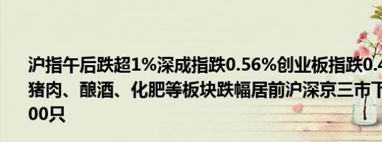 沪指午后跌超1%深成指跌0.56%创业板指跌0.45%银行、猪肉、酿酒、化肥等板块跌幅居前沪深京三市下跌个股近2500只