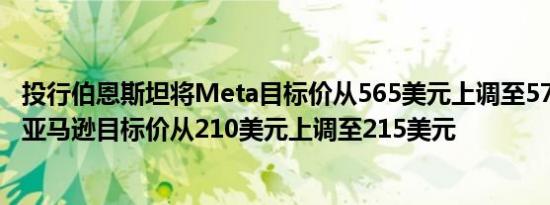 投行伯恩斯坦将Meta目标价从565美元上调至575美元；将亚马逊目标价从210美元上调至215美元