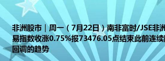 非洲股市｜周一（7月22日）南非富时/JSE非洲领先40可交易指数收涨0.75%报73476.05点结束此前连续四个交易日回调的趋势