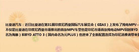比亚迪汽车：近日比亚迪在第31届印度尼西亚国际汽车展览会（GIIAS）上发布了纯电MPV——BYD M6这款车型不仅是比亚迪在印度尼西亚市场推出的首款MPV车型也是印尼市场首款纯电动MPV同时BYD DOLPHIN（国内命名为海豚）和BYD ATTO 3（国内命名为元PLUS）也迎来了全新配置选择为印尼消费者带来更加多元化的选项