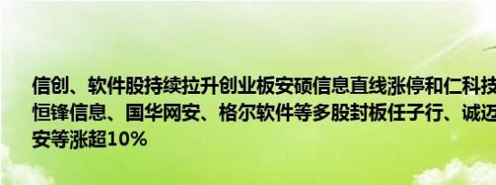 信创、软件股持续拉升创业板安硕信息直线涨停和仁科技、佳缘科技、恒锋信息、国华网安、格尔软件等多股封板任子行、诚迈科技、麒麟信安等涨超10%