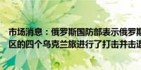 市场消息：俄罗斯国防部表示俄罗斯北方部队对哈尔科夫地区的四个乌克兰旅进行了打击并击退了三次反击