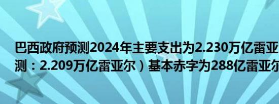 巴西政府预测2024年主要支出为2.230万亿雷亚尔（5月预测：2.209万亿雷亚尔）基本赤字为288亿雷亚尔