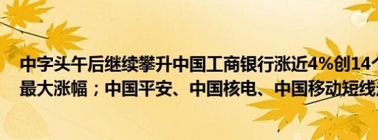 中字头午后继续攀升中国工商银行涨近4%创14个月来盘中最大涨幅；中国平安、中国核电、中国移动短线走高