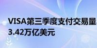 VISA第三季度支付交易量3.33万亿美元预估3.42万亿美元
