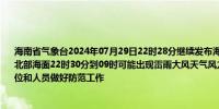 海南省气象台2024年07月29日22时28分继续发布海上雷雨大风黄色预警信号：北部湾北部海面22时30分到09时可能出现雷雨大风天气风力达7～9级并伴有强雷电建议有关单位和人员做好防范工作