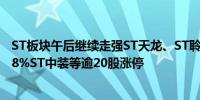 ST板块午后继续走强ST天龙、ST聆达涨超10%ST汇金涨超8%ST中装等逾20股涨停