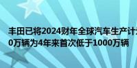 丰田已将2024财年全球汽车生产计划从1030万辆下调至980万辆为4年来首次低于1000万辆