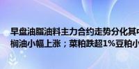 早盘油脂油料主力合约走势分化其中豆油涨超1%菜油、棕榈油小幅上涨；菜粕跌超1%豆粕小幅下跌