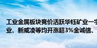 工业金属板块竞价活跃华钰矿业一字涨停兴业银锡、北方铜业、新威凌等均开涨超3%金诚信、盛达资源等跟涨